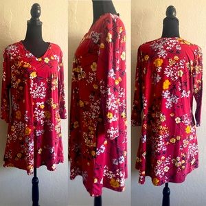 Red Burgundy Feminine Floral Long Sleeve Dress with Pockets
